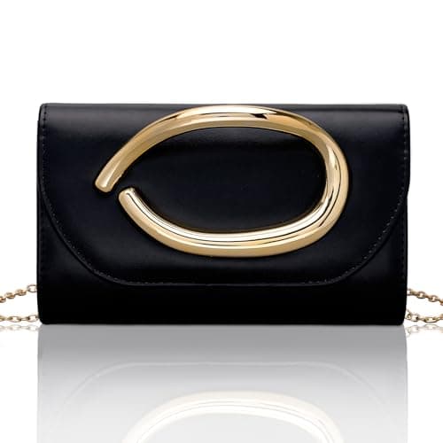 Image of Larcenciel Black Clutch Bags for Women, Faux Leather Handbag w/Golden Ring Handle & Chain, Elegant Evening Clutches Purses, Stylish Shoulder Crossbody Bag for Wedding, Dinner, Prom, Party, 22x12x5CM