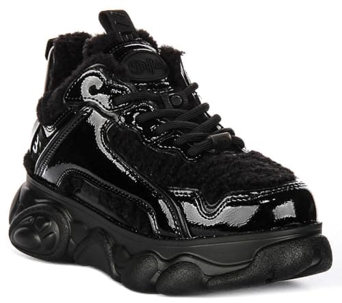 Image of Buffalo Cld Chai Warm Women's Subtle Fur Lined Platform Snek Platforms (Black Patent, UK 6.5)