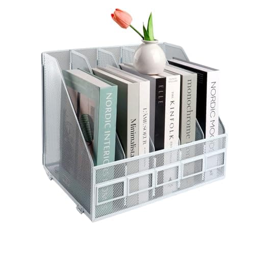 Image of HMXLJJY Mesh Metal A4 Magazine File Holder, Desktop 5 Sections Document Holder Office File Storage Rack for Desk Tidy, Paper Organiser Filing Rack,5 Compartments,(White)