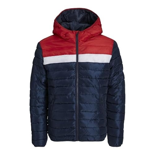 Image of JACK & JONES Mens Hooded Padded Jacket 100% Polyester Full Zip Navy Red Outdoor Jacket, Navy Red Colour, Size- XXL
