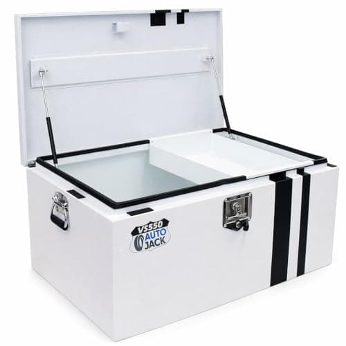 Image of Autojack Van Storage Safe Heavy Duty Metal Steel Site Tool Chest Security Vault 550mm Key Lock with Carry Handles & Gas Struts White