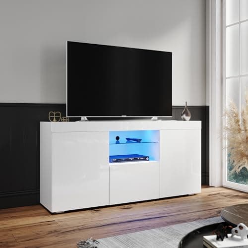 Image of ELEGANT 1350mm Modern High gloss TV Stand Cabinet with Ambient Light for 22"-58" Flat Screen 4k TVs/LED Light TV Cabinet with Shelves and Drawers for Living Room Bedroom, White