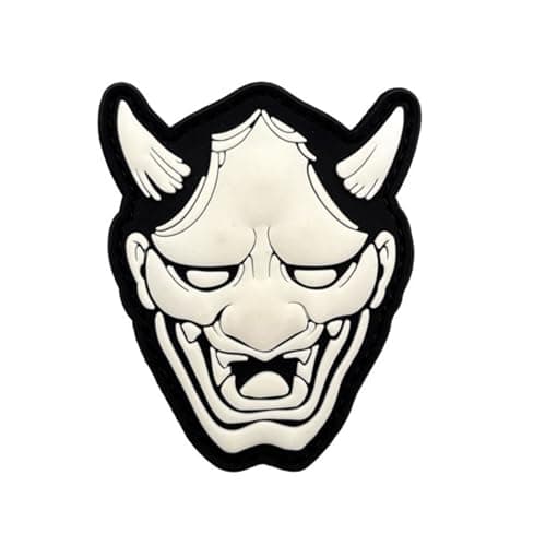 Image of Japanese Hannya Demon Mask PVC Patches, Glow-in-The-Dark Morale Badges, Hook Fastener Backing, 6.5-9cm Samurai Design for Backpack, Armband Appliques