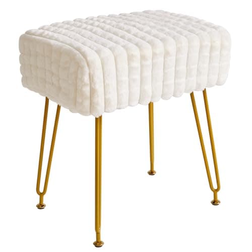 Image of IBUYKE Rectangular Footrest Stool Ottoman, Makeup Vanity Stool Side Table, Velvet Dressing Table Seat, Footstool Chair, Golden Steel Legs, for Makeup Room, Bedroom, Square grid pattern, White WBD003W