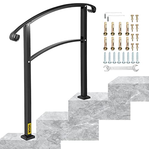 Image of VEVOR 3-Step Transitional Handrail Fits 1 or 3 Steps Matte Stair Rail Wrought Iron Handrail with Installation Kit Hand Rails for Outdoor Steps (Unadjustable) (Black)