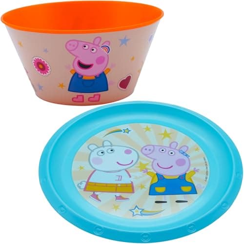 Image of Peppa Pig 2Pcs Plastic Dinner Set for Kids, BPA Free Raised Edges Dinner Plate, Self Feeding Reusable Snack Bowl, Tableware Set for Kids 4+ Years