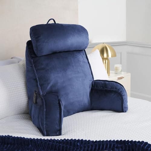 Image of OHS Reading Pillow for Bed Adult, Detachable Neck Roll Cuddle Cushion with Head Rest High Back Support Cushion with Arms & Pocket Gaming Cushions for Boys Girls Sit Up in Bed Pillow, Navy Blue