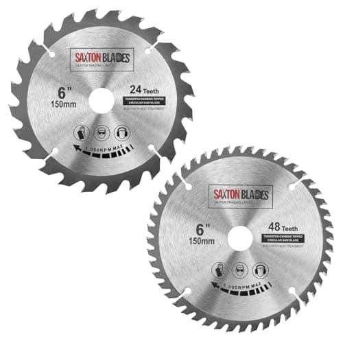 Image of 2x Saxton TCT Circular Saw Blades 150mm x 20mm bore 24 & 48 teeth + 16mm and 10mm Ring Compatible with Ryobi Bosch Makita Dewalt