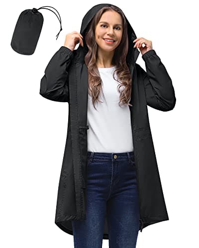 Image of 33,000ft Women's Rain Jacket Lightweight Hooded Long Rain Coat Waterproof Jacket Ladies Packable Functional Jacket Windbreaker Breathable Active Outdoor Coats Black XL/16