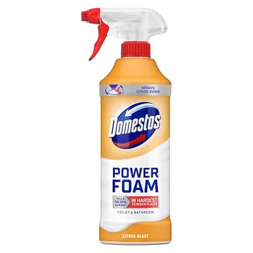Image of Domestos Power Foam Citrus Blast Toilet & Bathroom Cleaner Spray sprays upside down & eliminates 99.99% of germs* for cleaning inside the toilet & around the bathroom 450 ml