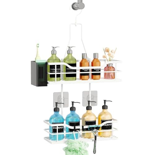 Image of SWTYMIKI 2-Tier Hanging Shower Caddy - No-Drill Bathroom Shelf Organizer with 360° Swivel Top Hook & 4 Hooks, Adjustable Bathroom Storage Basket for Shampoo, Shower Tidy, White