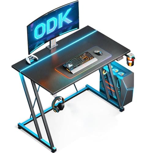 Image of ODK Gaming Desk with LED Lights, Gaming Table with Cup Holder and Headphone Hook, Double Z Frame Design Computer Desk Carbon Fiber Black 80 cm