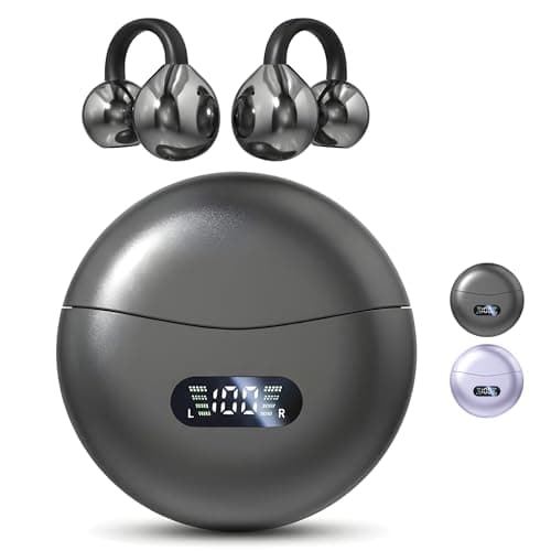 Image of Clip On Earbuds Wireless Bluetooth Headphones with Charging Case & LED Display – Open Ear Clip Earbuds, Waterproof Sports Earphones, Ear Cuff Style Fitness Headphones for Running (Black)