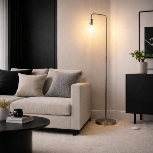 Image of CGC Lighting Indoor Floor Lamp Brushed Satin Nickel Angled Corner Standing Reading Light and Lampshade Living Room Lounge (Floor Lamp Only)