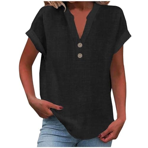Image of Tops for Women UK, Ladies Tops 2025 Women's Summer Cotton Linen Cap Sleeve T-Shirt Button V Neck Tunic Top Fashion Baggy Solid Plain Casual Shirts Trendy Blouse Black Medium