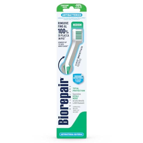 Image of Biorepair , Total Protection Toothbrush, Antibacterial, Clinically Tested, with Medium Bristles, Patented Curved Shape, Inhibits Bacterial Growth by Up to 90%, Removes Up to 100% of Plaque