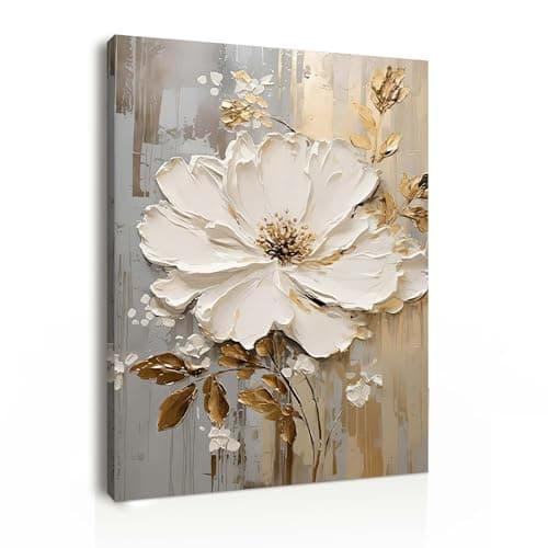 Image of Galmcook Canvas Wall Art 12x16 Inch Framed Single White Flower Painting Modern Wall Decoration for Living Room Bedroom Hallway and Stairs Artwork Wall Pictures with Hooks and Magic Tape