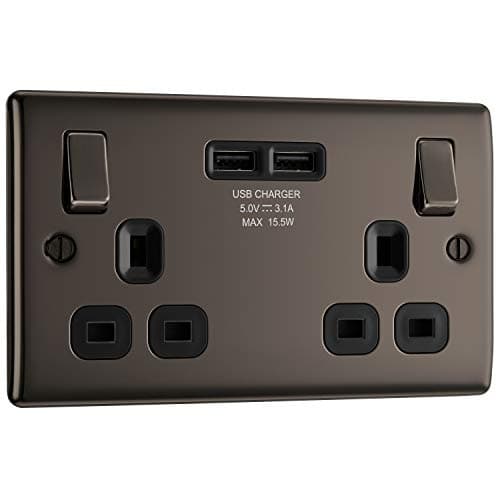 Image of BG Electrical nbn22u3b Double Switched Fast Charging Power Socket with Two USB Charging Ports, Black Nickel