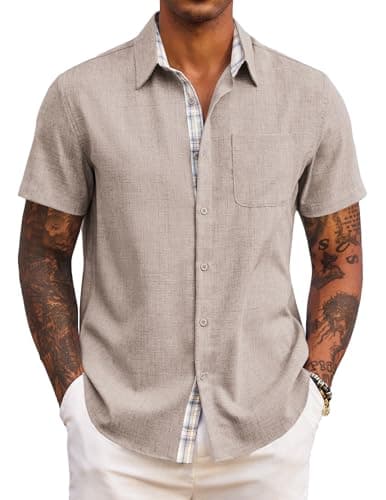 Image of COOFANDY Mens Summer Shirts Short Sleeve Casual Shirts for Men UK Lightweight Holiday Beach Shirt Khaki L