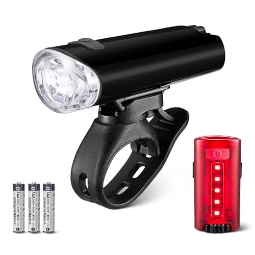 Image of Amazon Basics LED Bike Light Set with 100 Lumen Headlight and 10 Lumen Taillight - 3 Mode Waterproof Bicycle Lights with Mounts - Batteries Included - Black and Red