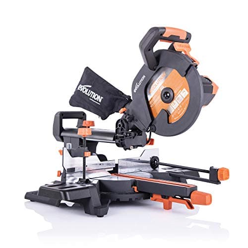 Image of Evolution Power Tools R255SMS+ Compound Mitre Saw with Multi-Material Cutting Blade, Chop Wood Metal Plastic, 45° Bevel, 50° Mitre Angle, 300mm Slide, 2000 W, 255 mm, 220-240 V