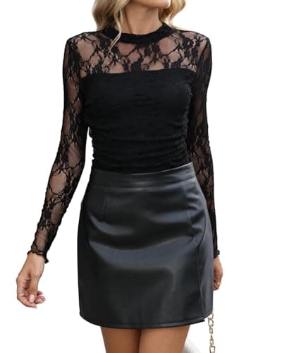 Image of WIHOLL Women's Sheer Tops Mesh Blouses Mock Turtle Neck Long Sleeve Tops Mesh Ruched Sexy Lace Shirts Womens Tops Black Lace,M