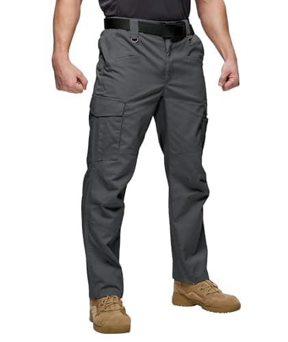 Image of ZITY Men's Work Trousers Heavy Duty Combat Cargo Trousers Stretch Safety Tactical Pants with Multiple Pockets Semi Elasticated Waist Grey