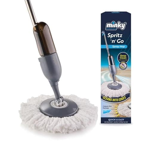 Image of Minky Spritz ‘n’ Go Spray Mop + Extra Refill for Floor Cleaning, Rotating Head & Spray Trigger, Deep Clean For All Types of Floors, 420ml Refillable Bottle, Reusable 100% Microfibre