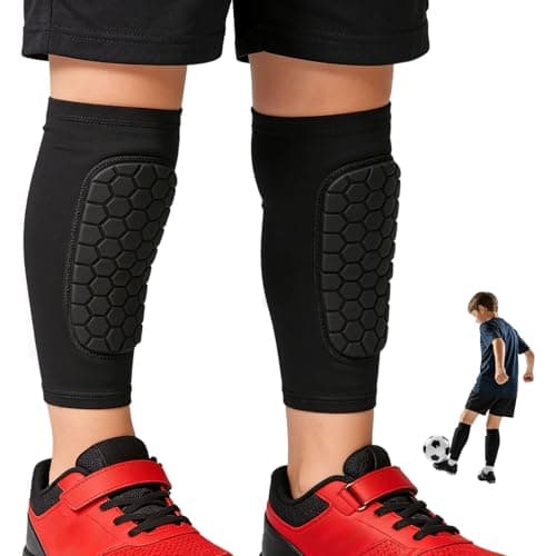 Image of Football Shin Guards for Boys Girls, Kids Shin Pads with Compression Sleeve, Breathable Lightweight Shin Defender for Soccer Training, Impact Protection Sports Safety Age 6-13 (Black, M)