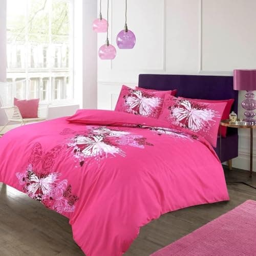 Image of Luxury Butterfly Print Duvet Cover Set with Matching Pillow Cases, Soft Easy Care Bedding Gift Pack (Butterfly Pink, Single)