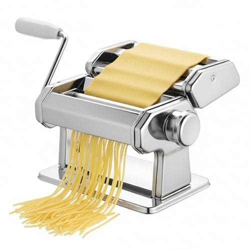 Image of Stainless Steel Pasta Maker Machine with Adjustable Double Cutter, Manual Pasta Roller with 9 Thickness Settings, Clamp & Crank Handle for Spaghetti Fettuccini Lasagna Dumpling Skins