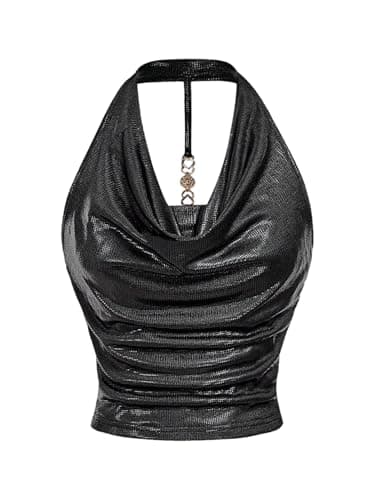 Image of GORGLITTER Women's Cowl Neck Ruched Halter Top Draped Metal Decor Slim Fit Elegant Tops Black Sequin Small