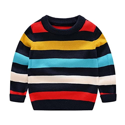 Image of duxyoz Boys Girls Rainbow Jumpers Long Sleeve Knitted Sweater Top Kids Toddler Color Block Sweaters Long Sleeve Crew Neck Winter Warm Knitwear Cute Fashion Pullover Jumper Sweatshirt 5-6 Years