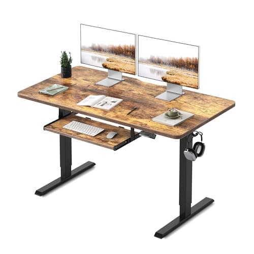 Image of FEZIBO Height Adjustable Electric Standing Desk with Keyboard Tray, 140 x 60 cm Sit Stand up Desk with Splice Board, Black Frame/Rustic Brown Top