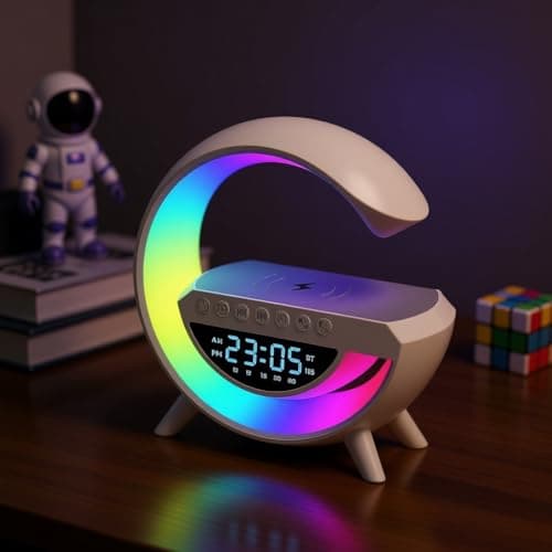 Image of 3 in 1 Wireless Charger Led Table Lamp, Digital Alarm Clock with Fast Wireless Charging and Mood Light, Multifunctional Bluetooth Speaker with White Noise Music, Teenage Gifts for Girl Boy(White)