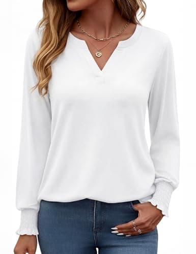 Image of Gyabnw Blouses for Women UK Long Sleeve Tops V Neck Summer Tops Elegant Versatile Dressy Tunic White