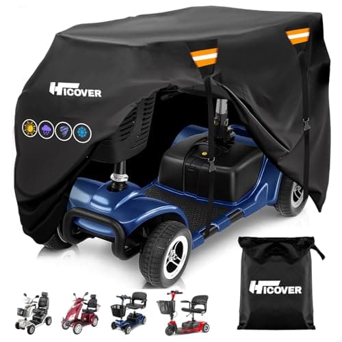 Image of Hicover Heavy-Duty Waterproof Mobility Scooter Cover with Reflective Strips - Universal Fit for 3 & 4 Wheel Scooters (49"x23"x39"), Includes Storage Bag & Windproof Buckles