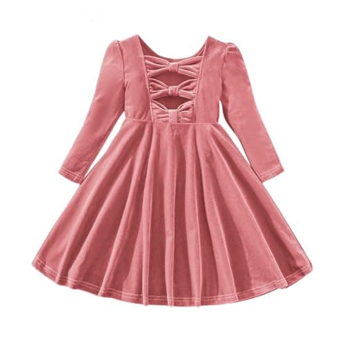 Image of JiAmy Girls Dress Long Sleeve Velvet Bowknot Back Solid Color Dresses Christmas Birthday Party Princess Fall Winter Clothes for Girl 4-5 Years Pink