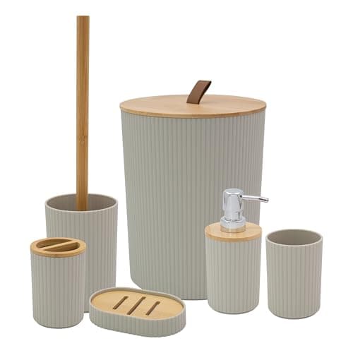 Image of Anika Bathroom Accessory Set/Modern Bathroom Essentials Set/Includes Toothbrush Holder, Waste Bin, Toilet Brush, Cup, Soap Dish and Soap Dispenser (Stone)