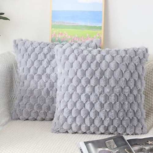 Image of NIULAA Faux Fur Cushion Covers 45 x 45 Grey Set of 2 Fluffy Plush Cushion Covers 18x18 Pillow Covers Soft Fuzzy Pillowcases Moroccan Style Home Decor Cushion Cover