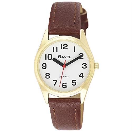 Image of Ravel Unisex Super Bold Sight Aid Watch with Big Numbers - Brown/Gold Tone/White Dial