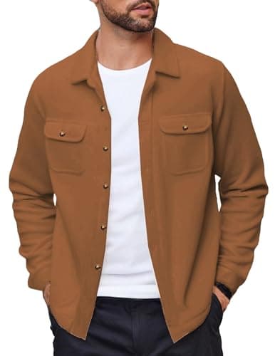 Image of COOFANDY Men's Polar Fleece Shacket Long Sleeve Casual Button Down Shirt Jacket with Pockets, Camel, L