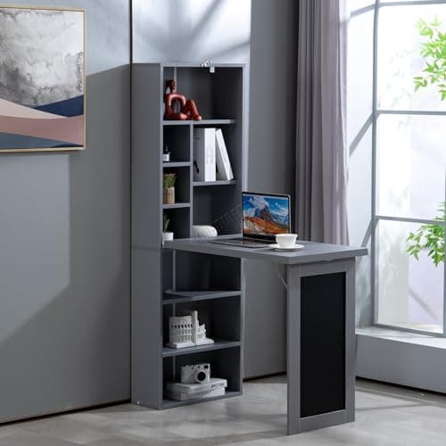 Image of WestWood Foldable Computer Desk, Wall Mounted Work Table, Floating Desk with Blackboard and Bookshelf, Adjustable Shelves 9 Open Compartments Office Desk Storage Shelf (Grey)