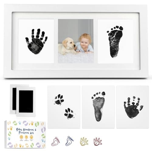Image of MOXTOYU Baby Hand and Footprint Kit, 2 Clean-Touch Framed Photo Kit with 6 Imprint Cards, Non-Toxic to Newborn Baby with 4 Cute Clips, Perfect New Baby Gift, White