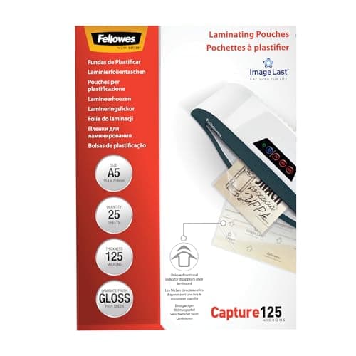 Image of Fellowes A5 Laminating Pouches, Gloss Finish, 25 Sheets, 250 Micron (2 x 125 Micron) Finish with ImageLast Directional Quality Mark - Ideal for Photos, Notices and Everyday Use