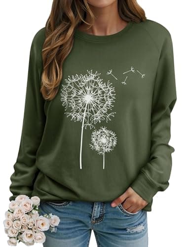 Image of Dresswel Women Dandelion Print Sweatshirt Crew Neck Long Sleeve Tops Basic Jumper Tunic Blouse Shirts(Dark Green, S)