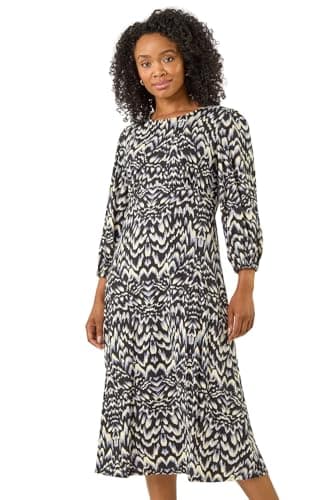 Image of Roman Petite Gathered Chest Dress for Women UK Ladies Stretchy Fit & Flare Swing Tea A Line Skater Knee Length Long Sleeve Midi Smart Casual Work Going Out Party - Petite Black - Size 18