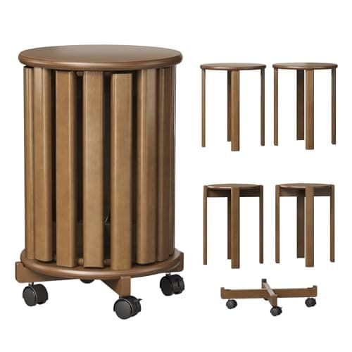 Image of Welfuturer Round Stackable Stools Set of 4 Bamboo 4-in-1 Nesting Stools with Wheels Stacking End Tables for Kitchen Living Room Bar No Assembly Required,Walnut