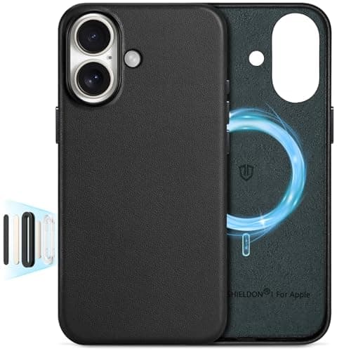 Image of SHIELDON Case for iPhone 16 5G 6.1", Genuine Leather Magnetic Wireless Charging Case [Slim Fit][Non-Slip][Anti-Scratch] Shockproof Phone Cover with Metal Button Compatible with iPhone 16 2024 - Black