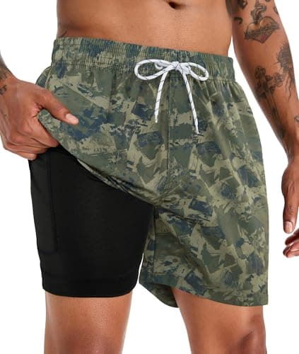 Image of APTRO Mens Swimming Shorts Swimming Trunks Men Compression Liner Swim Shorts 7" Board Shorts Camo Green L
